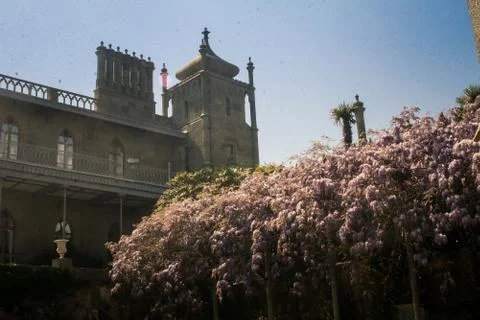 View of Crimea Vorontsov palace side part with long balcony and chimneys tree 写真素材