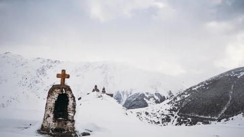 View From The Cristian Cross On Gergeti Trinity Church Or Tsminda Sameba On Stock Footage 105126801