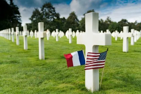 View of cross headstones in the American Cemetery at Omaha Beach in Normandy  Stock Photos