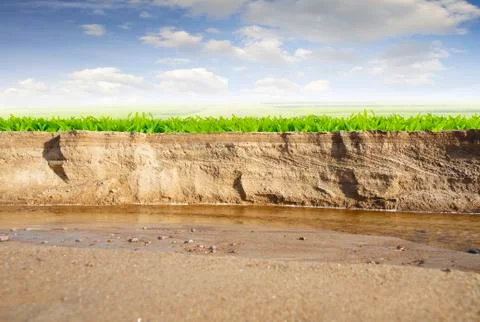 View of the cross section of the sandy river bank Stock Photos