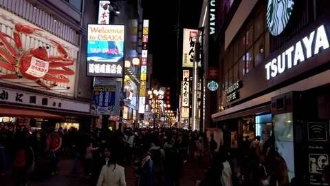 View to crowded Dotonbori street at night in Osaka, Japan. Stock Footage 124366301