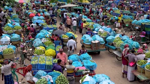 View of a crowded mango market in Chapai Nawabganj, Bangladesh. Stock Footage 336427850