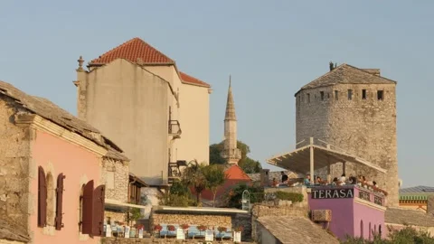 View of Crowded Terrace Restaurant, Old Town, Mostar, Bosnia Stock Footage 233984493