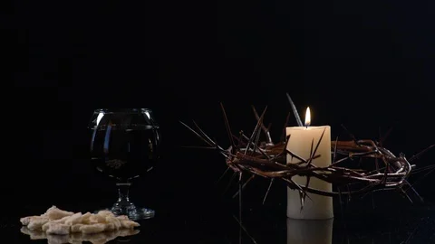 View of Crown Of Jesus, Candle Bread and Wine Stock-Footage 130139643