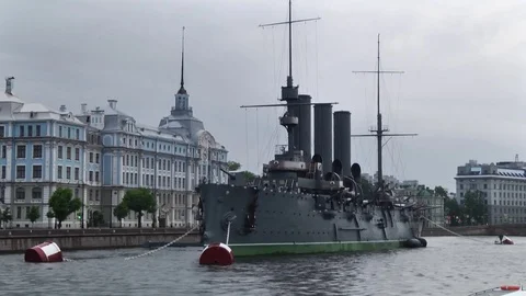 View of the cruiser Aurora from the ship Video stock 85093905