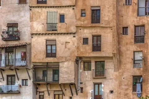 View at the Cuenca Hanging Houses, Casas Colgadas, iconic architecture on Cuenca Stock Photos