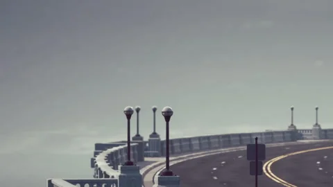 View of a curved road leading towards an overcast horizon with lampposts Stock Footage 341008560