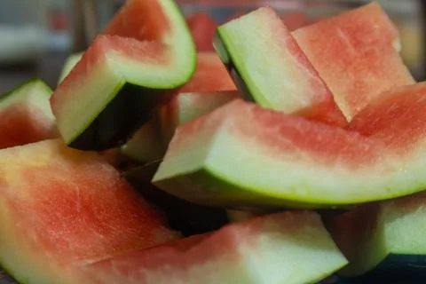 View of the cut watermelon fruit thick skin. Use for healthy snack concept. Foto stock