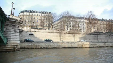 View from cutter moving under bridge over Siene river in evening Paris Stock Footage 878192