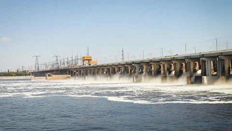 View of the dam on the river. On top is the highway. Electricity, environment Stock Footage 154269744