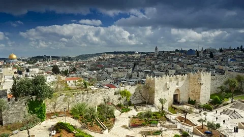 View to Damascus Gate and old Jerusalem City, Israel. Time lapse Stock Footage 83987133