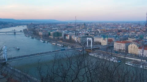 View of the Danube with bridges in Budapest Stock Footage 250637326