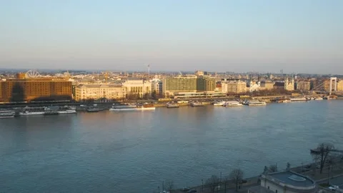 View of the Danube river and Budapest at sunset Stock Footage 142962280