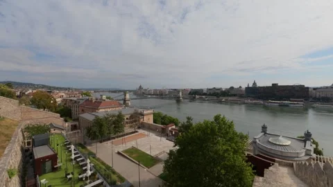View of the Danube River and Chain Bridge in Budapest, Hungary. Video stock 343877388