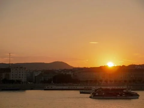 View on the Danube river during sunset in Budapest, Hungary Stock Photos