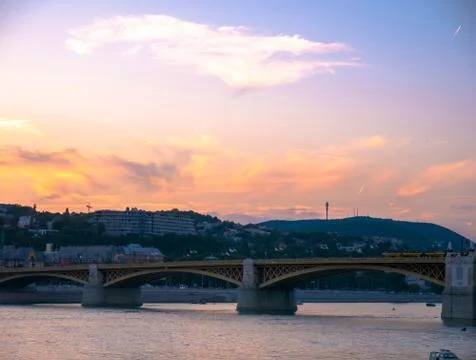 View on the Danube river during sunset in Budapest, Hungary Stock Photos
