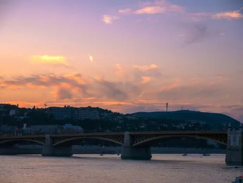 View on the Danube river during sunset in Budapest, Hungary Stock Photos