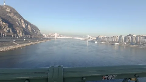 View of the Danube River by Liberty Bridge in Budapest, Hungary Stock Footage 127210311