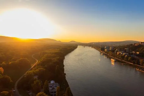 View of the Danube river from observation deck the bridge in Bratislava Stock Photos