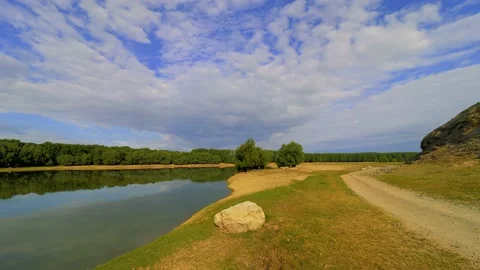 View of the Danube river shore in summer, Dobrogea, Romania Stock Footage 136027859