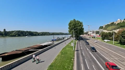 View of Danube River taken from the UFO SNP Bridge Stock Footage 249693023