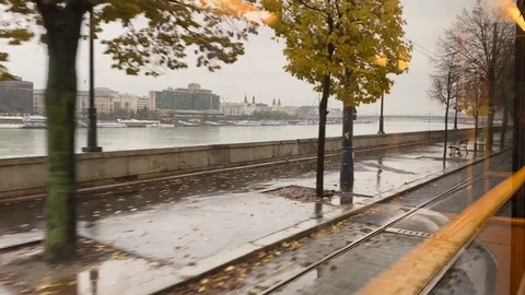 View of Danube river from tram window on a rainy day in Budapest, Hungary Stock Footage 119767440