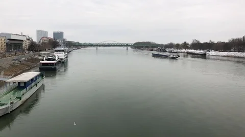 View of Danube river from the UFO Bridge in Bratislava Stock Footage 86293284