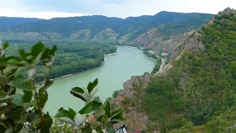 View on Danube in the Wachau region by Dürnstein Stock Footage 82467342