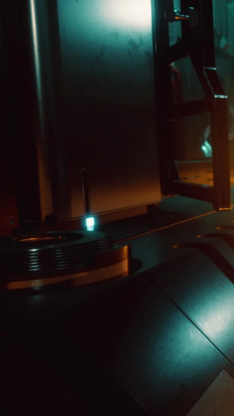 View of a dark corridor in a futuristic setting with tech details Stock Footage 336014969