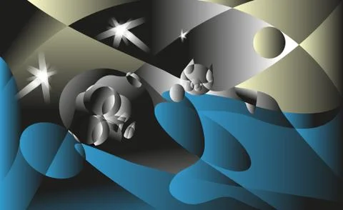 View in the dark, girlfriend sleeping in the bed with the cat. Flat vector Stock Illustration