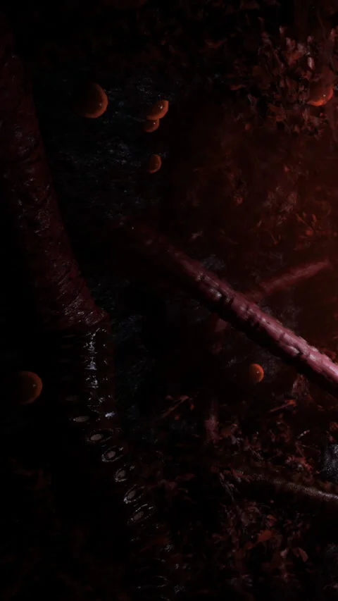 View of a dark landscape with red elements and distant spheres in space Stock Footage 334172760
