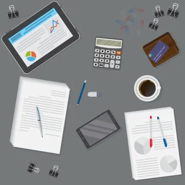 View of dark office desk including tablet, smartphone and business objects. Stock Illustration