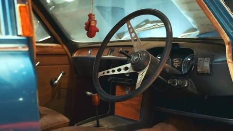 View of dashboard panel and steering wheel of antique car Triumph Stock Footage 113919716