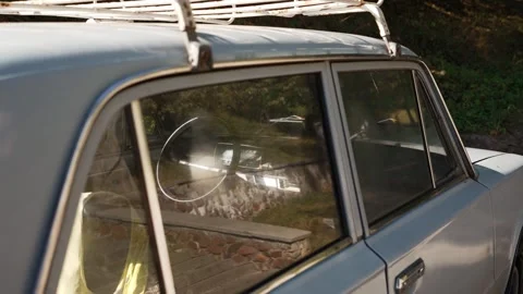 View of dashboard panel, interior of old auto through the glass. Stock Footage 287452669