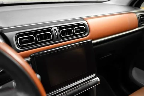 View of dashboard with touchscreen display in modern car, closeup Stock Photos