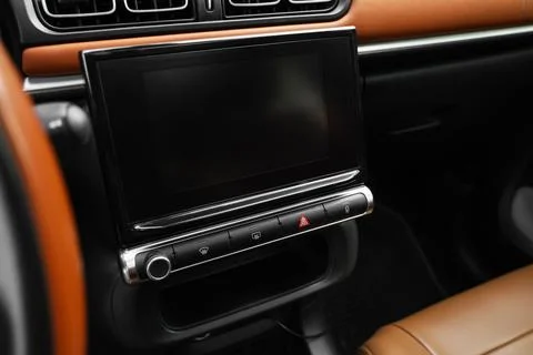View of dashboard with touchscreen display in modern car, closeup Stock Photos