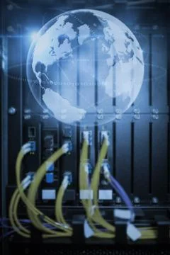 View of data technology against glowing earth with binary code Stock Illustration