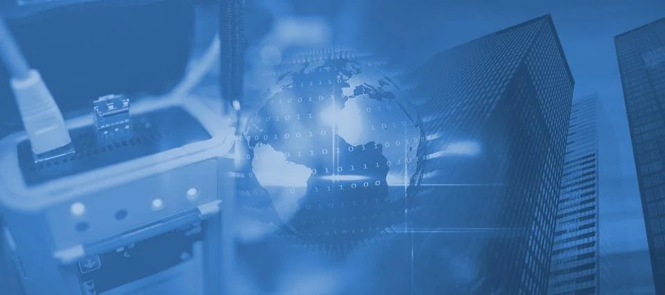 View of data technology against low angle view of skyscrapers Stockillustratie