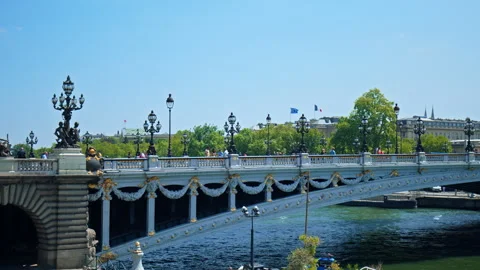 View of a deck arch bridge across the Seine River in Paris. Stock Footage 245454637