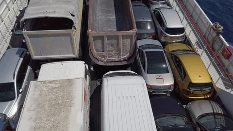 View of the deck of a ferry boat and parking car and trucks Greece Stock Footage 124019271
