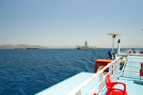 View from the deck of the ferry during sail in Greece. Stock Photos