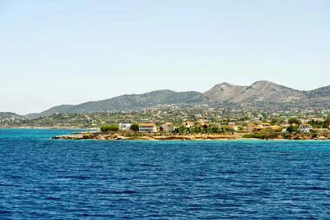 View from the deck of the ferry during sail in Greece. the Greek island Aegina Foto stock