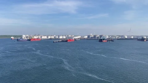 View from the deck of the gas carrier ship to the seaport terminal. Stock Footage 331353440