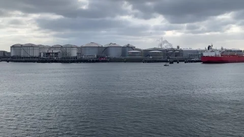 View from the deck of the gas carrier ship to the seaport terminal. Stock-Footage 331353466