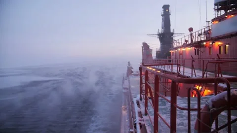 View on deck of Nuclear Icebreaker sail. Snowfall Stock Footage 146687906