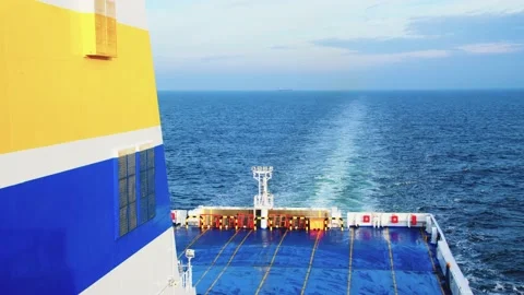 View from the deck to the rear of the ship sailing on the sea Video stock 228566724