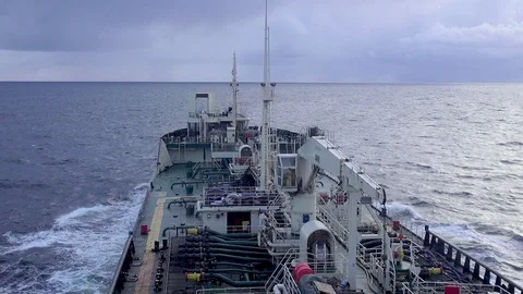 View from deck superstructure on tank ship sailing in ocean Stock Footage 121116524
