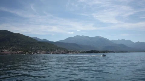 View from the deck of the yacht to the passing boat. Stock Footage 248521933