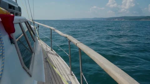 View from the deck of the yacht to the waves of the sea Stockbeeldmateriaal 159366848