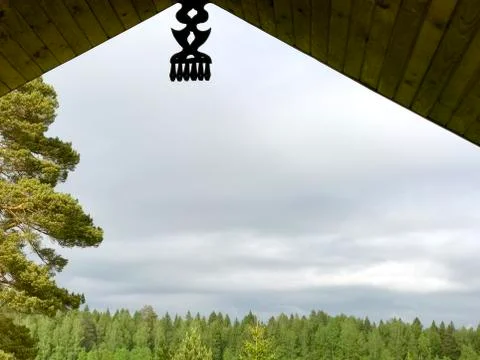 View from decorated balkony on the forest Stock Photos